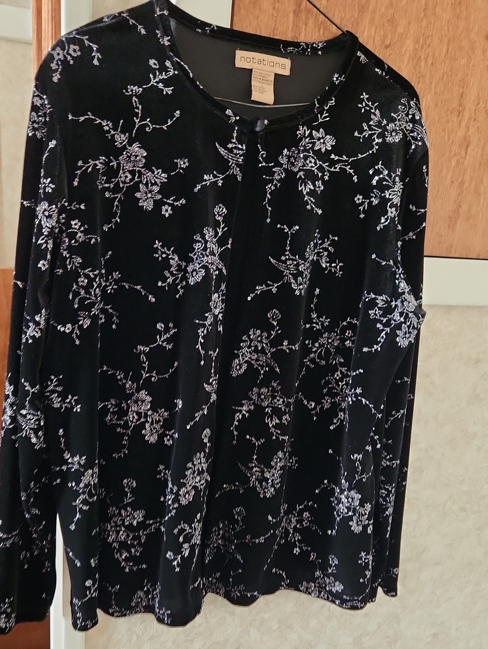 Large-Notations Black Velvet Like  Top with silver Sparkle Print- List#126